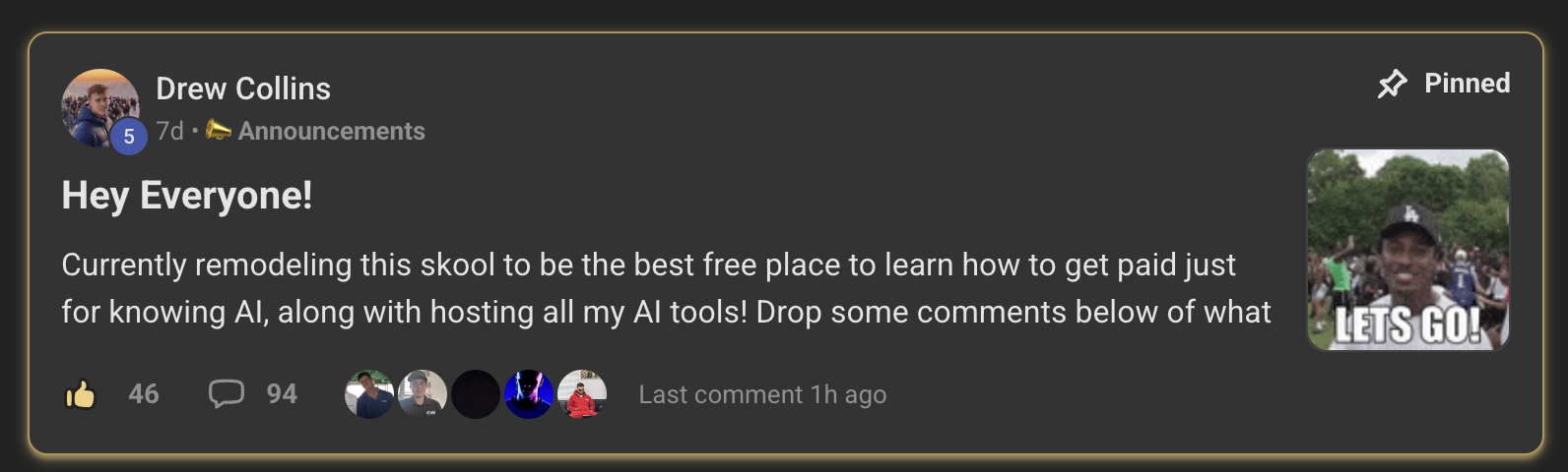 Pinned announcement post in the AI Academy Skool community