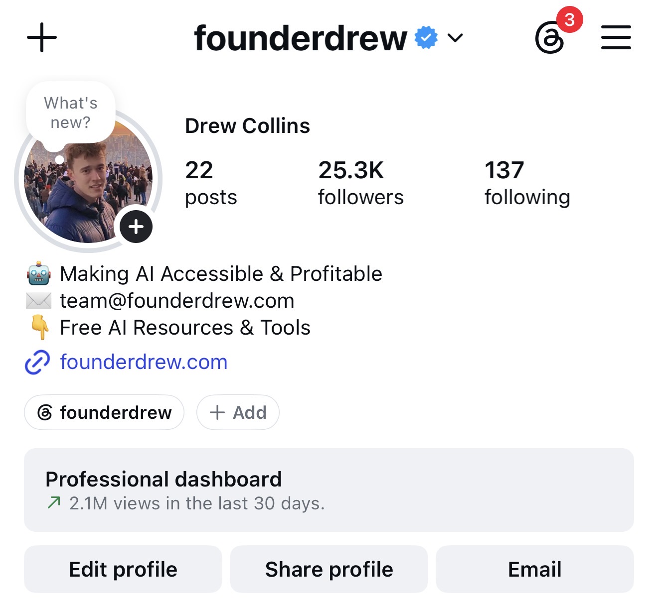 Founder Drew Instagram profile showing 25.3K followers and 2.1M views in the last 30 days