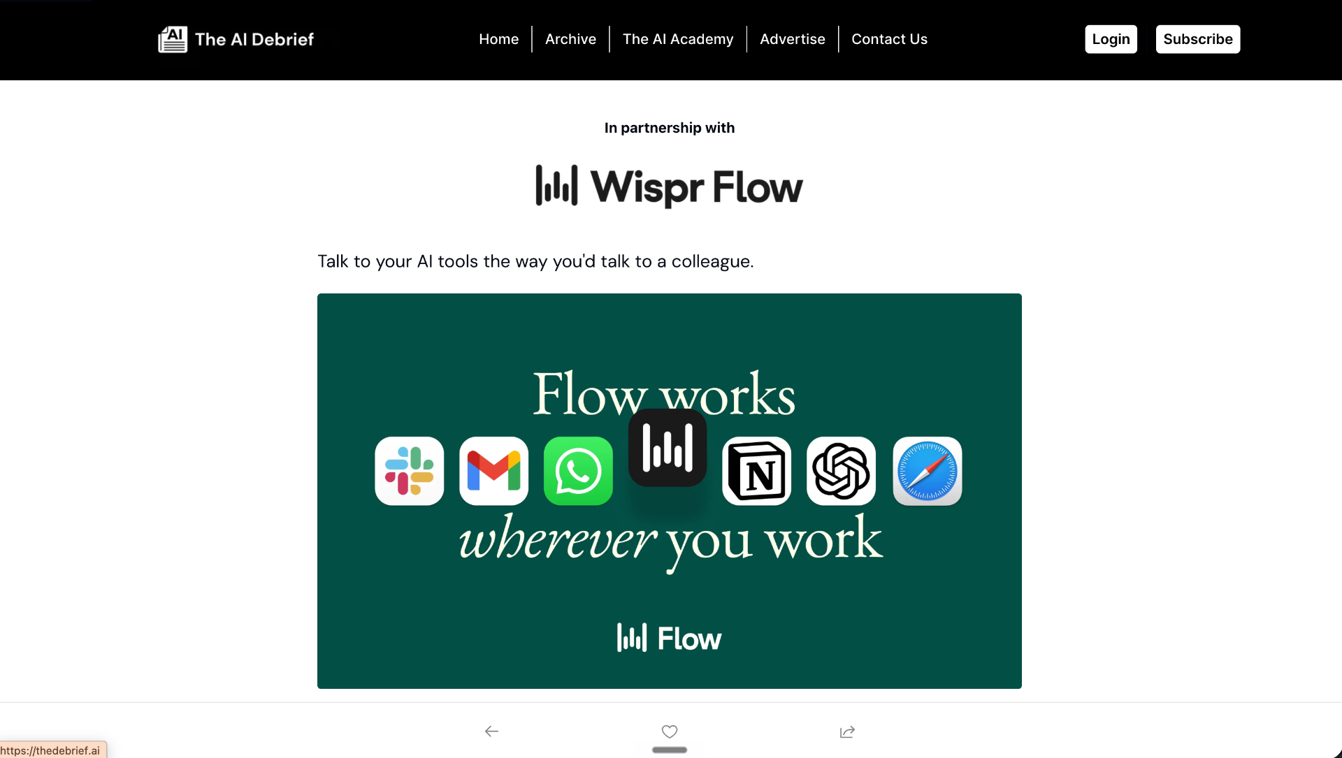 The AI Debrief newsletter sponsorship example featuring Wispr Flow